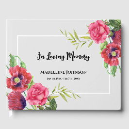 Uitvaart Waterverf Rood en Roze Bloemen Grijs Gastenboek