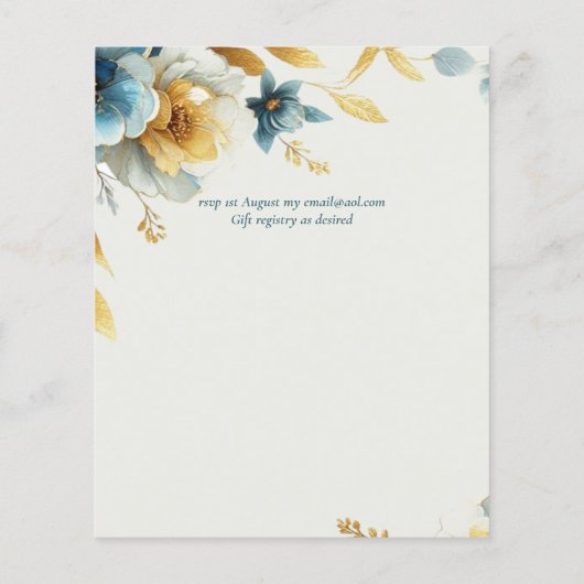 UITVERKOOP! Blauwgroen gele bloemenbruiloft uitnod (Achterkant)