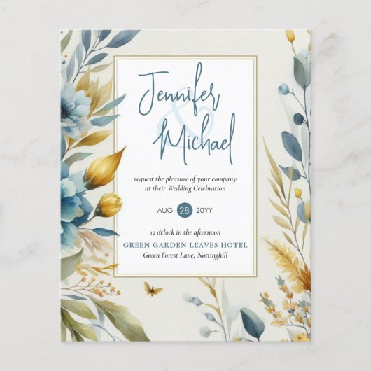 UITVERKOOP! Blauwgroen gele bloemenbruiloft uitnod (Voorkant)