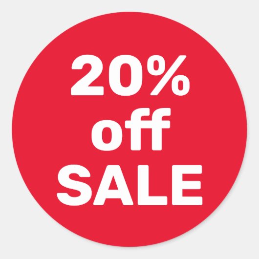 Uitverkoopsticker 20% Korting – Rood & Wit – Moder Ronde Sticker (Voorkant)