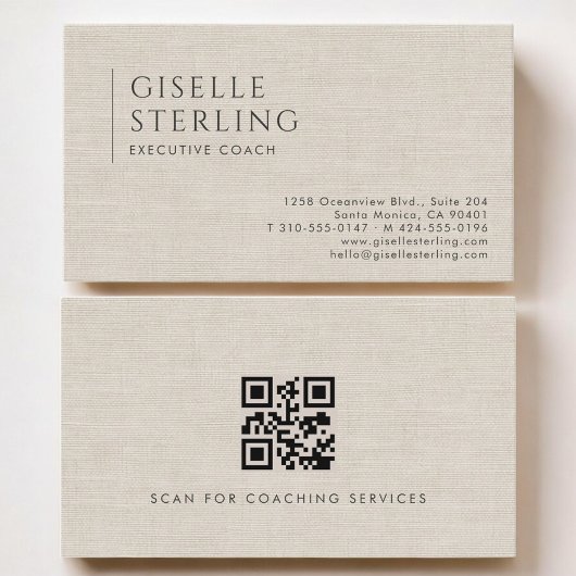 Uitvoerend Coach Luxe Neutrale Linnen QR-code Visitekaartje