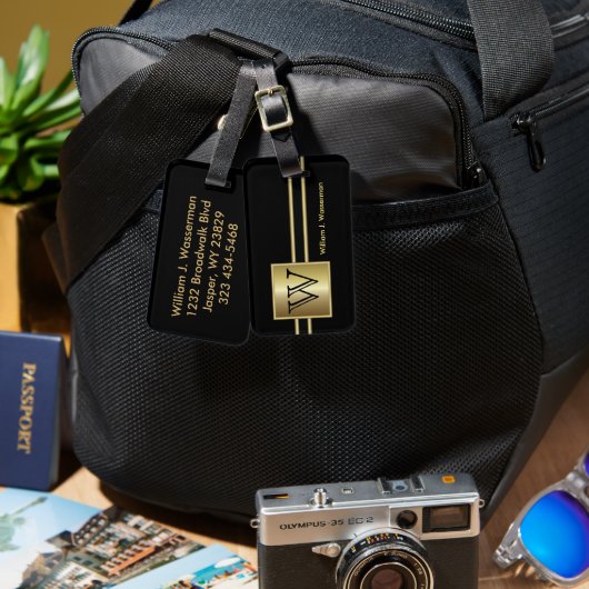 Uitvoerend Masculine Monogram - Zwart & goud Bagagelabel (Voorkant /achterkant)