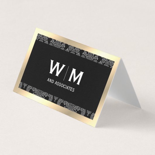 Uitvoerend Monogram Gold Border Damask Visitekaartje (Voorkant)