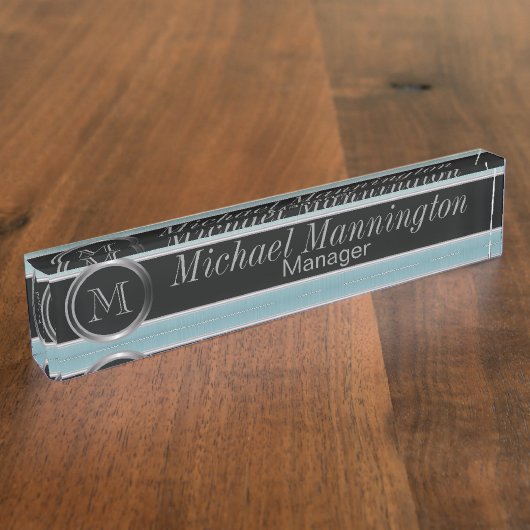 Uitvoerend Monogram | Turquoise Brush Steel Naambordje (Zijkant)