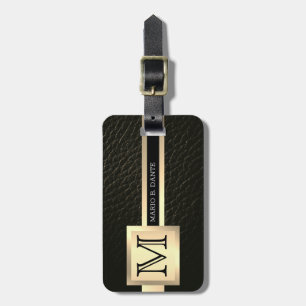 Uitvoerend zwart leer & goud metaal monogram bagagelabel