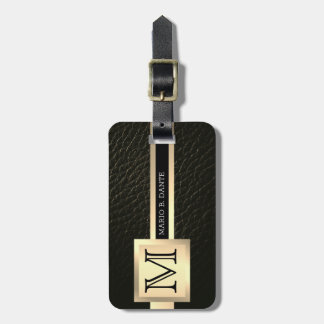 Uitvoerend zwart leer & goud metaal monogram bagagelabel