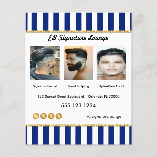 Uitvoerende Marine Blauw Gestreepte, Goud & Kapper Flyer (Voorkant)