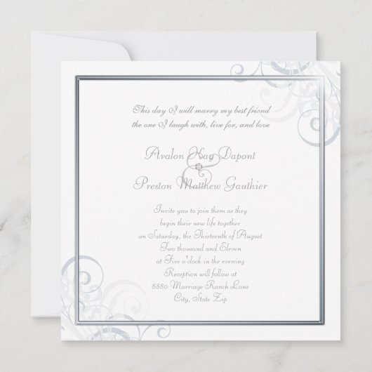 Uitvoortreffelijke Baroque Silver Rol Witte Uitnod Kaart (Achterkant)