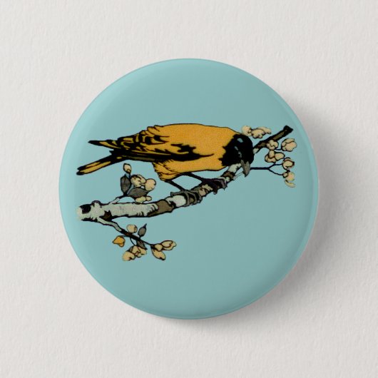 Uitwerking van gele  vogelillustratie ronde button 5,7 cm (Voorkant)