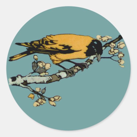 Uitwerking van gele  vogelillustratie ronde sticker (Voorkant)