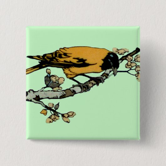 Uitwerking van gele vogelillustratie vierkante button 5,1 cm (Voorkant)