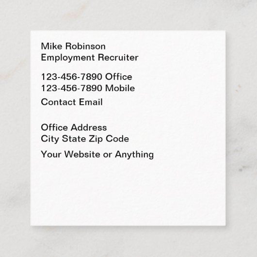 uitzendbureau arbeidsbemiddeling vierkante visitekaartje (Achterkant)