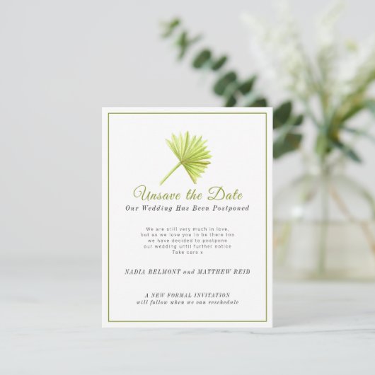 Uitzetting trouwdatum planwijziging uitgesteld save the date (Staand voorkant)
