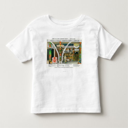 Uitzicht aan de buitenkant van de Ye Olde Curio Sh Kinder Shirts (Voorkant)