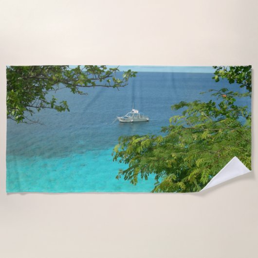 Uitzicht Bonaire Ocean met Boat Beach Towel Strandlaken (Voorkant)