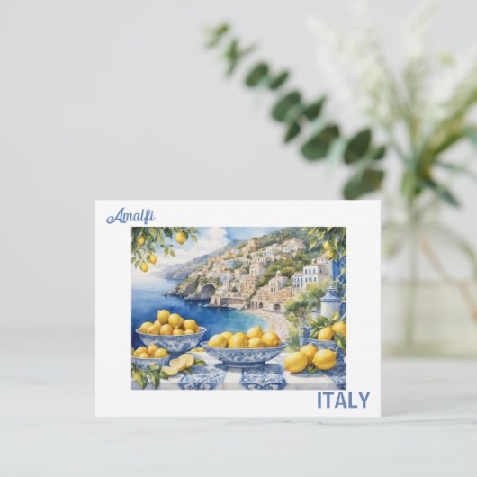 Uitzicht Italiaans Amalfi Kust blauw witte tegels  Briefkaart (Staand voorkant)