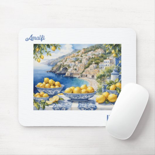 Uitzicht Italiaans Amalfi Kust blauw witte tegels  Muismat (Met muis)