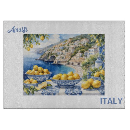 Uitzicht Italiaans Amalfi Kust blauw witte tegels  Snijplank (Voorkant)