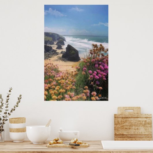 Uitzicht met bloemen bovenaan het strand poster (Keuken)