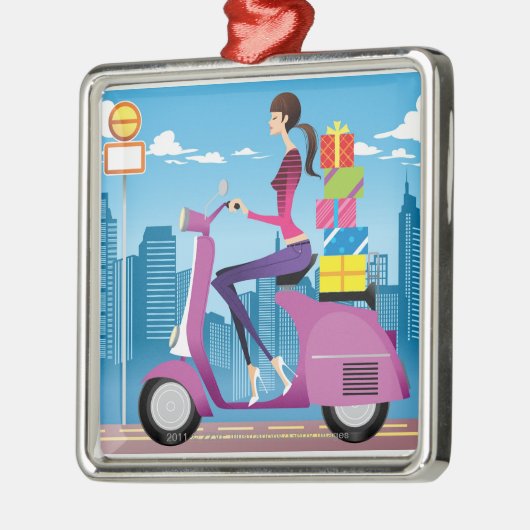 Uitzicht met cadeaus op scooter metalen ornament (Links)