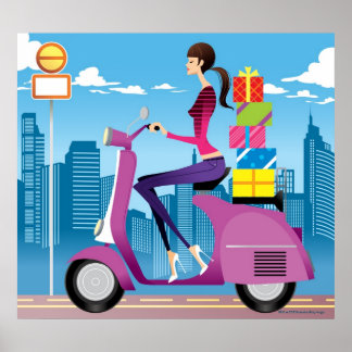 Uitzicht met cadeaus op scooter poster
