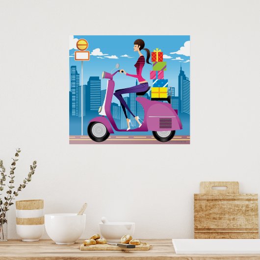 Uitzicht met cadeaus op scooter poster (Keuken)