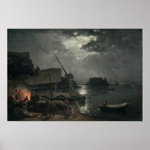 Uitzicht Napels in Moonlight, 1829 Poster