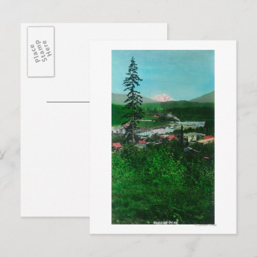 Uitzicht op afstand van Glacier Peak en Town Briefkaart (Voorkant / Achterkant)