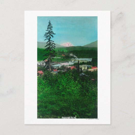 Uitzicht op afstand van Glacier Peak en Town Briefkaart (Voorkant)
