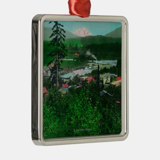 Uitzicht op afstand van Glacier Peak en Town Metalen Ornament (Rechts)