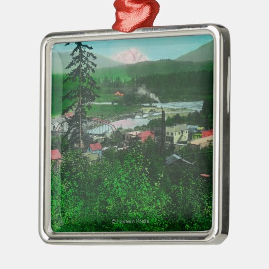 Uitzicht op afstand van Glacier Peak en Town Metalen Ornament (Links)