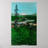 Uitzicht op afstand van Glacier Peak en Town Poster (Voorkant)