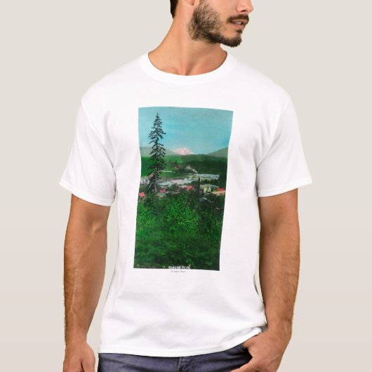 Uitzicht op afstand van Glacier Peak en Town T-shirt (Voorkant)