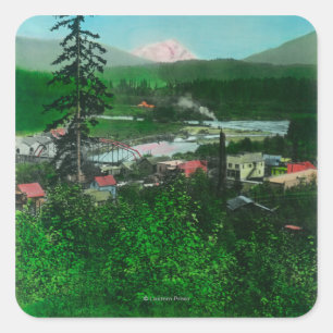 Uitzicht op afstand van Glacier Peak en Town Vierkante Sticker