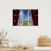 Uitzicht op akkerbouwland en blauwe luiken poster (Keuken)