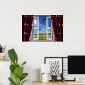 Uitzicht op akkerbouwland en blauwe luiken poster (Thuiskantoor)