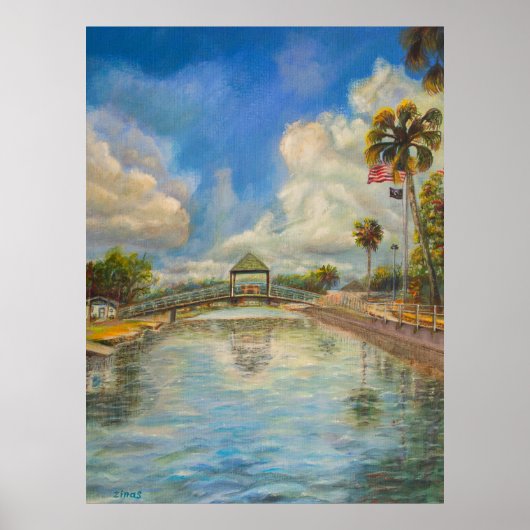 Uitzicht op de loopbrug vanaf het meer poster (Voorkant)