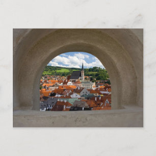 Uitzicht op de stad Cesky Krumlov van het kasteel Briefkaart
