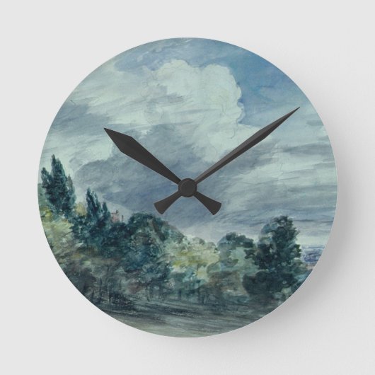 Uitzicht over een breed landschap, met bomen in de ronde klok (Voorkant)