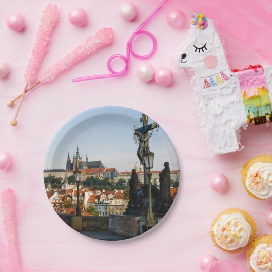 Uitzicht Prague Castle van Charles bridge, Tsjechi Papieren Bordje (Feest)