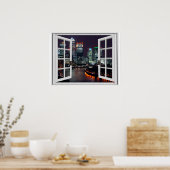 Uitzicht 's Nachts-tijd Stadsfaux-venster Poster (Keuken)