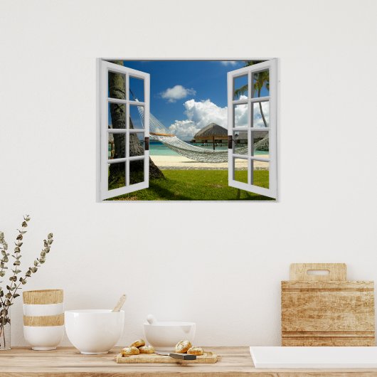 Uitzicht Tropisch balkvenster Poster (Keuken)