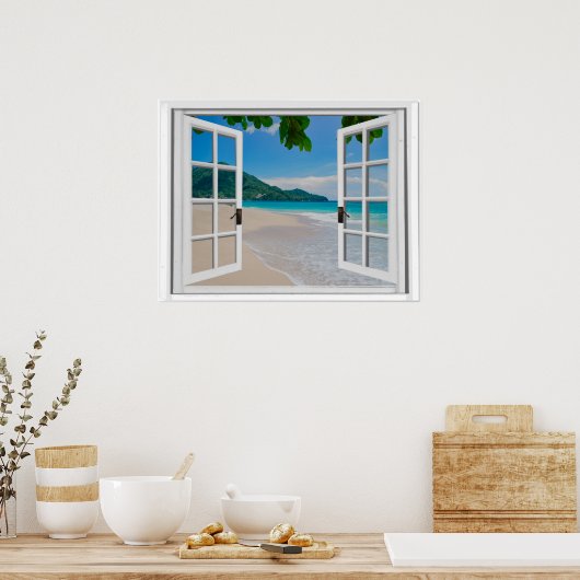 Uitzicht Tropisch Ocean Faux-venster Poster (Keuken)
