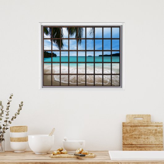 Uitzicht Tropische Ocean Lattice Window Poster (Keuken)