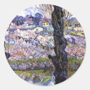 Uitzicht van Arles, bloeiende boomgaarden (1889) V Ronde Sticker