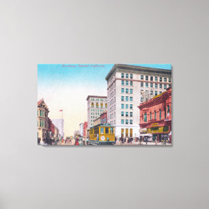 Uitzicht van Broadway met Street CarOakland, CA Canvas Afdruk
