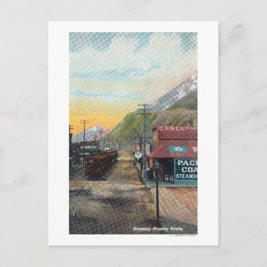 Uitzicht van Broadway & Railroad CarsSkagway, AK Briefkaart (Voorkant)