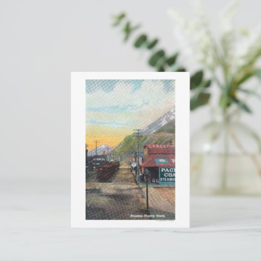 Uitzicht van Broadway & Railroad CarsSkagway, AK Briefkaart (Staand voorkant)