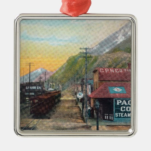 Uitzicht van Broadway & Railroad CarsSkagway, AK Metalen Ornament (Voorkant)