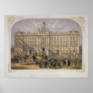 Uitzicht van Buckingham Palace met een Crowd Outsi Poster